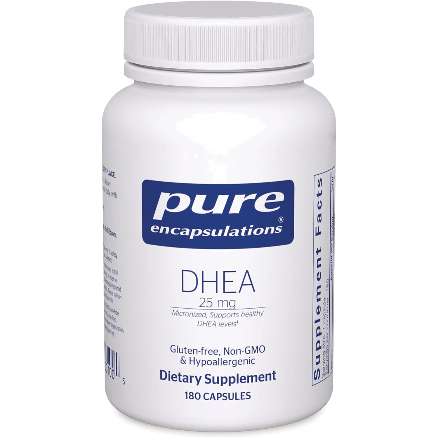 PRN013 | Pure Encapsulations DHEA 25 mg white supplement bottle, 180 capsules