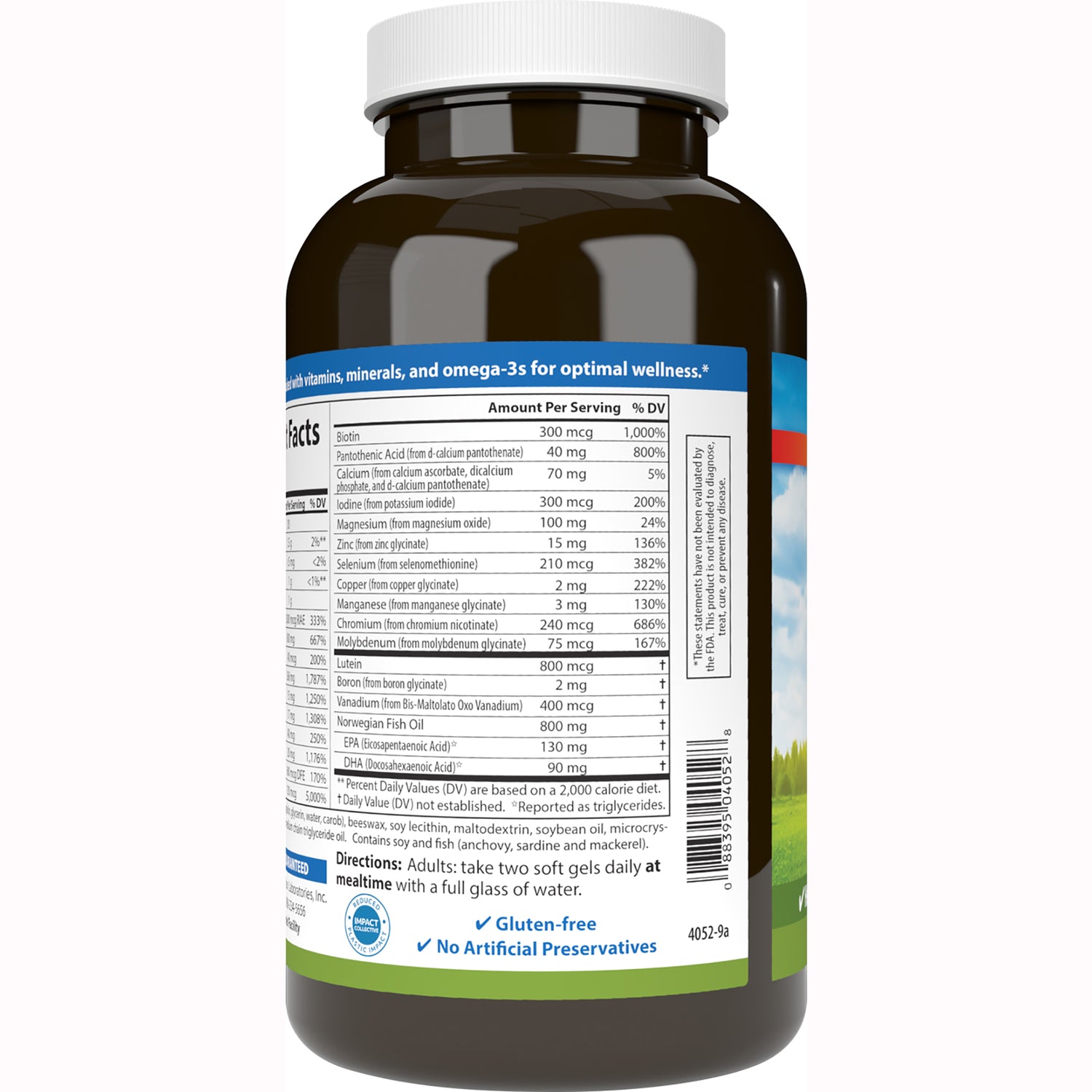 CSN182 | back of brown supplement bottle showing supplement facts panel, directions, barcode, and labels Gluten-free and No Artificial Preservatives