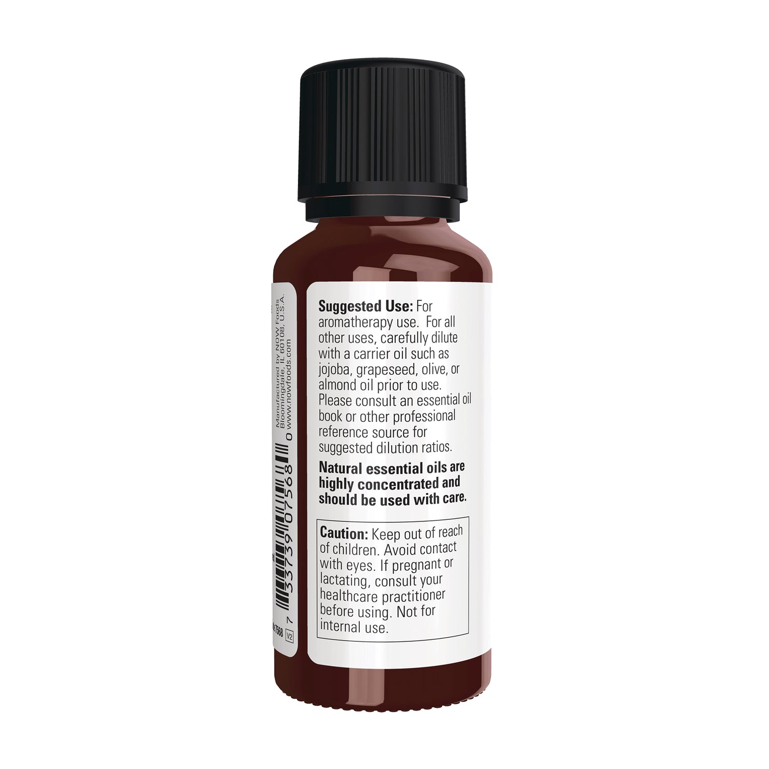 NWF1409 | Back label of brown essential oil bottle showing suggested use and caution text