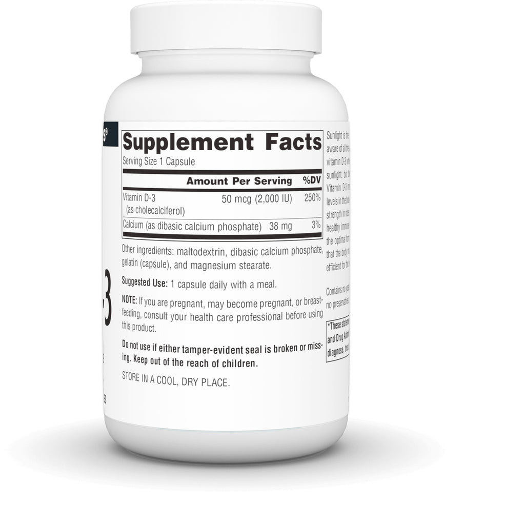 SN323 | Supplement Facts label for vitamin D-3 and calcium capsule bottle, showing ingredients and usage directions - Thumbnail