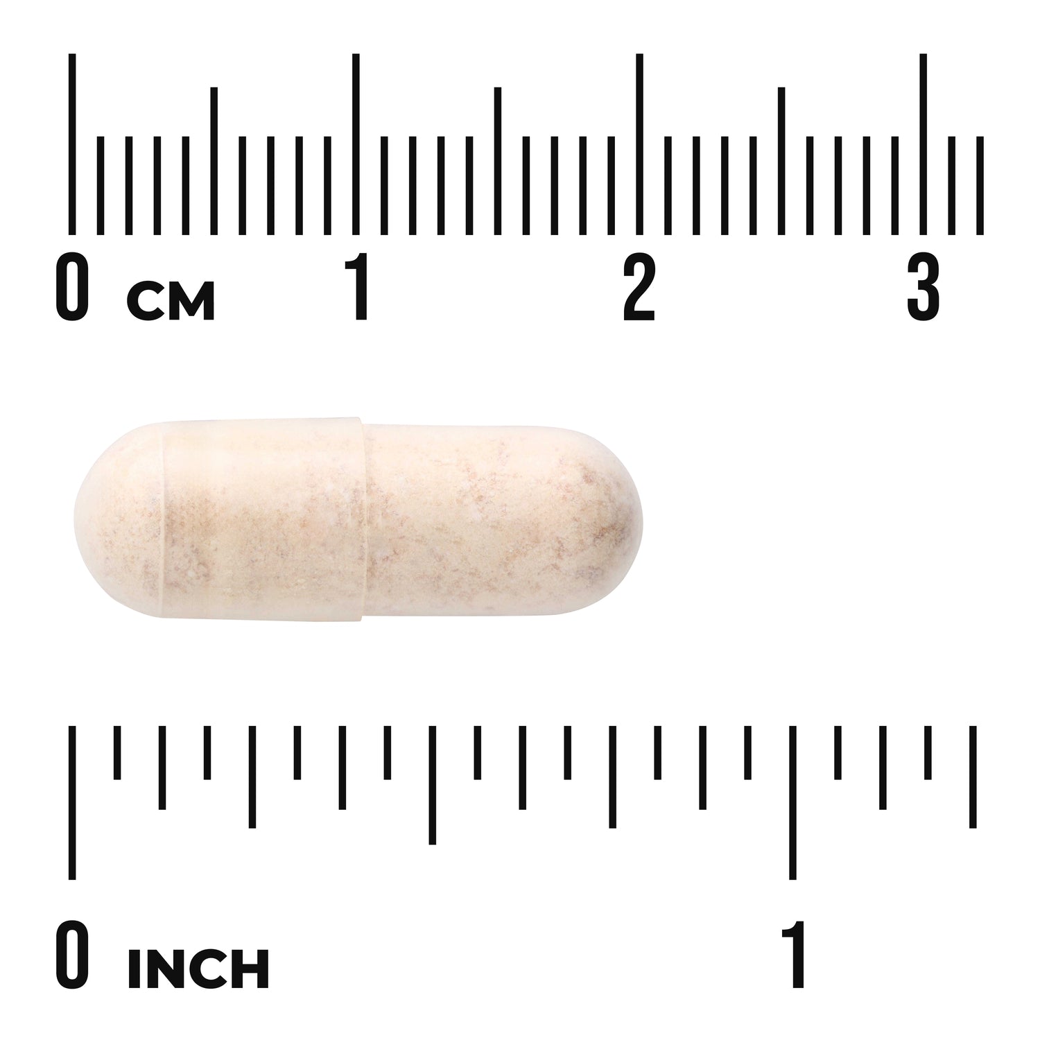 SWU162 | Beige capsule with rulers labeled CM and INCH for size reference