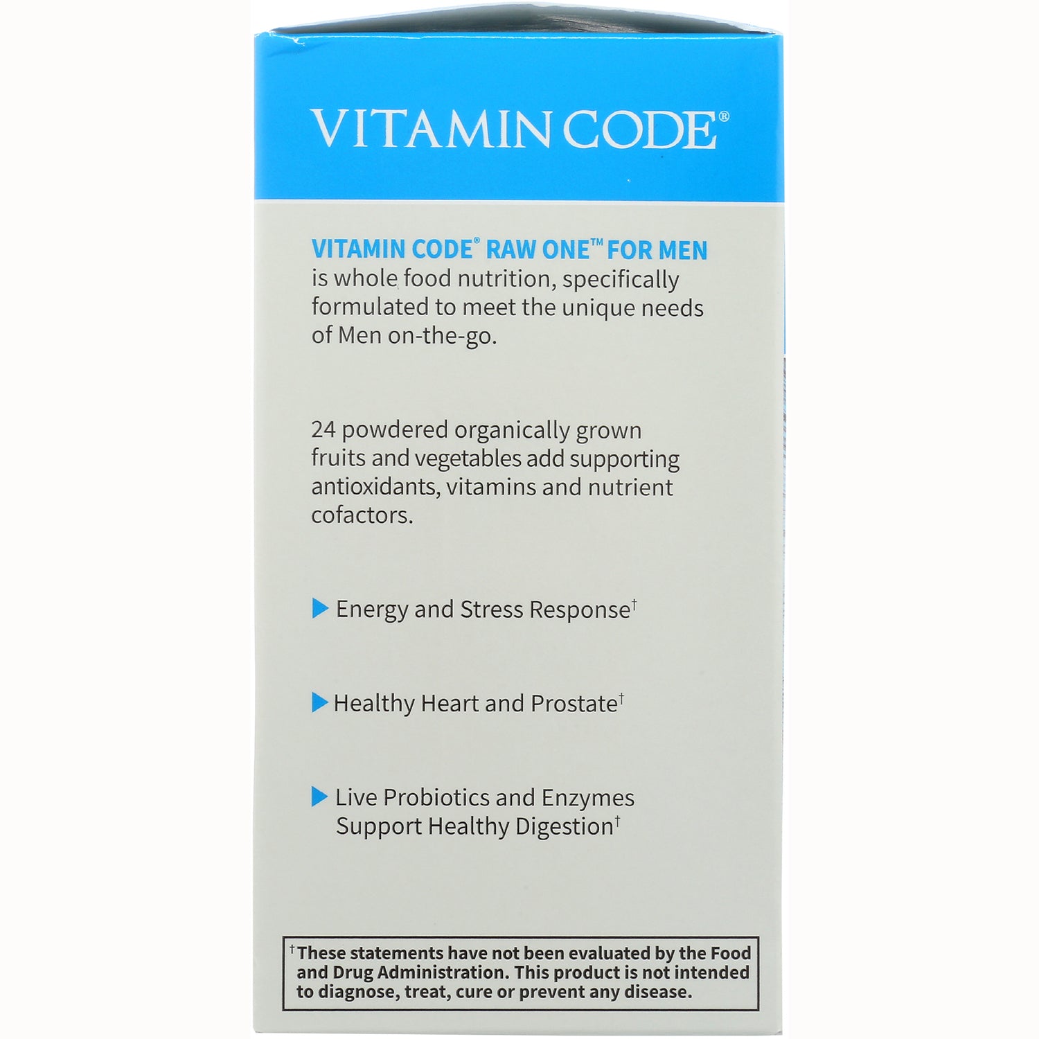 GLF051 | Vitamin Code Raw One for Men infographic listing benefits: energy and stress response; healthy heart and prostate; probiotics support digestion