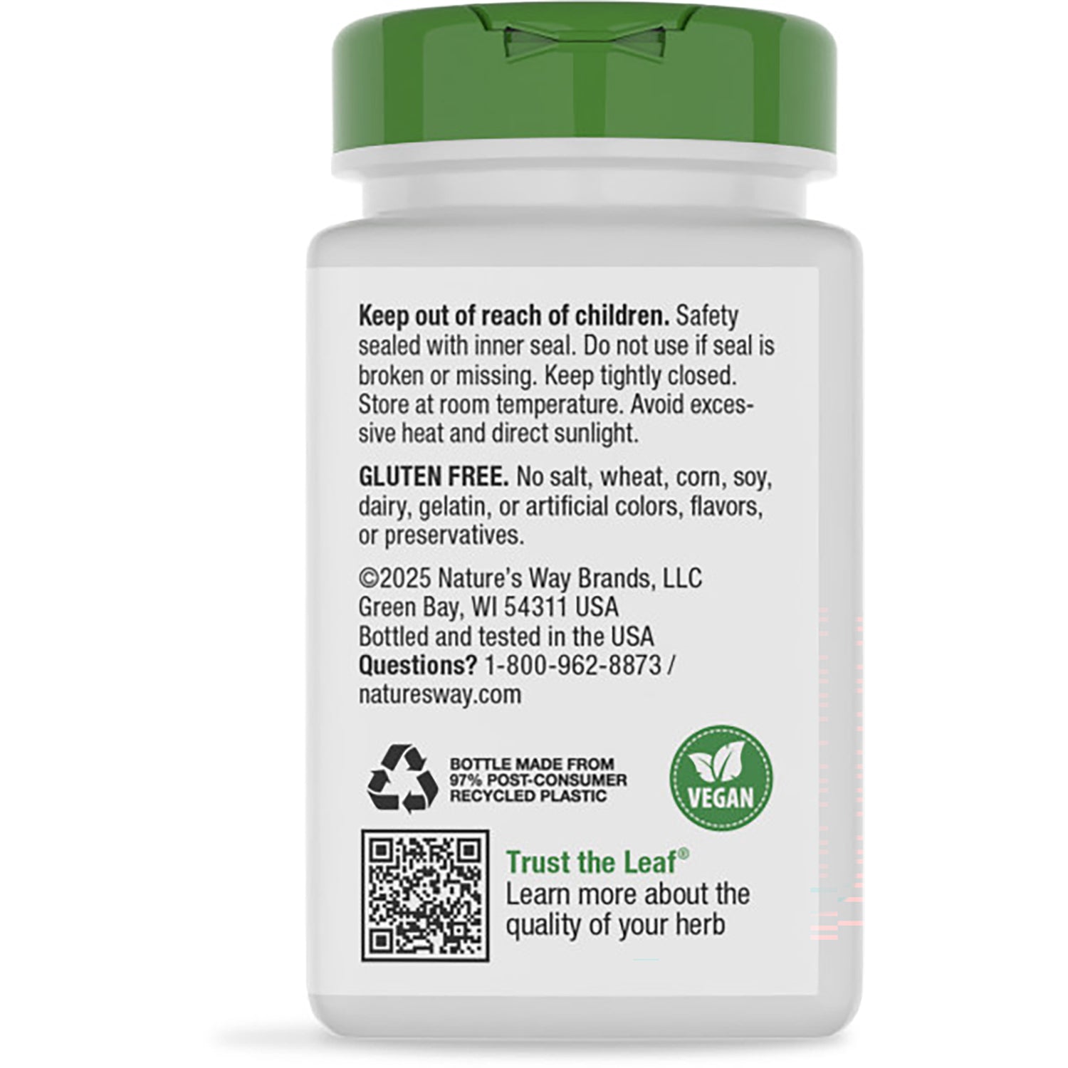 NW175 | Back of brown supplement bottle with green label reading Traditional Minor Pain Relief, ingredient text and barcode