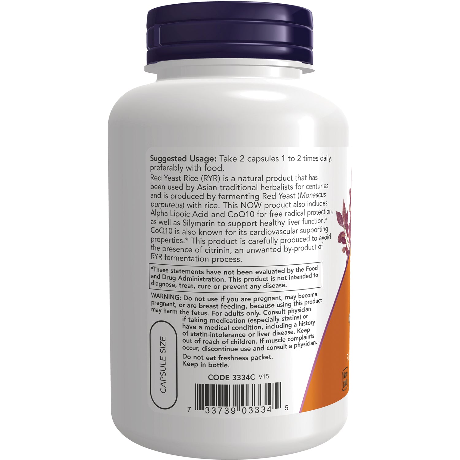 NWF347 | Back label of white supplement bottle showing suggested usage, warnings, capsule size and barcode