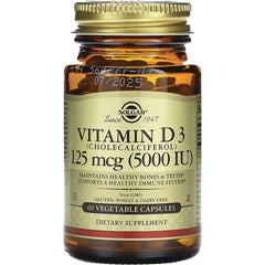 SLG247 | Solgar Vitamin D3 125 mcg (5000 IU) amber bottle, 60 vegetable capsules