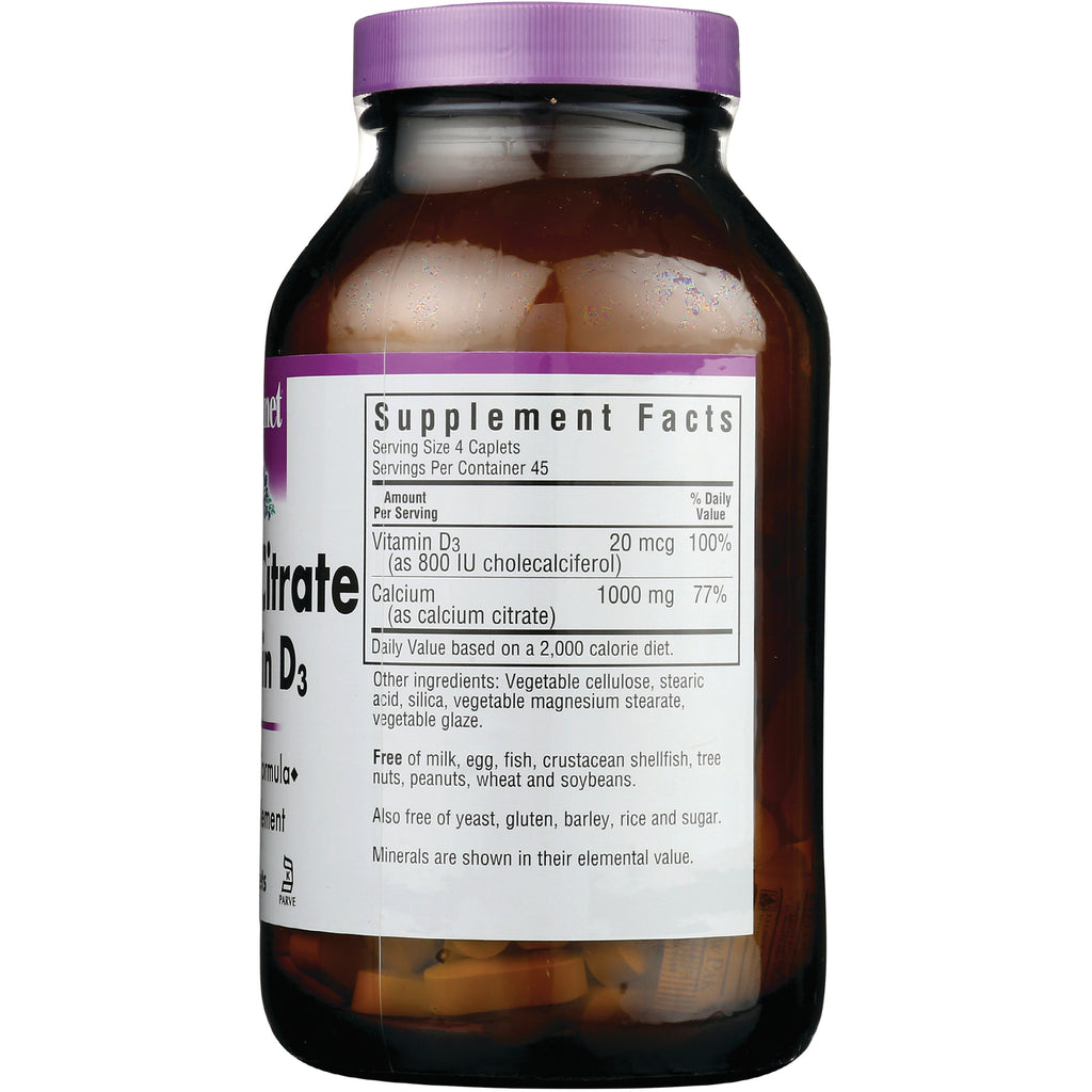 BLU061 | Back of brown supplement bottle showing Supplement Facts panel listing Vitamin D3 20 mcg, Calcium 1000 mg and ingredient and allergen statements - Thumbnail