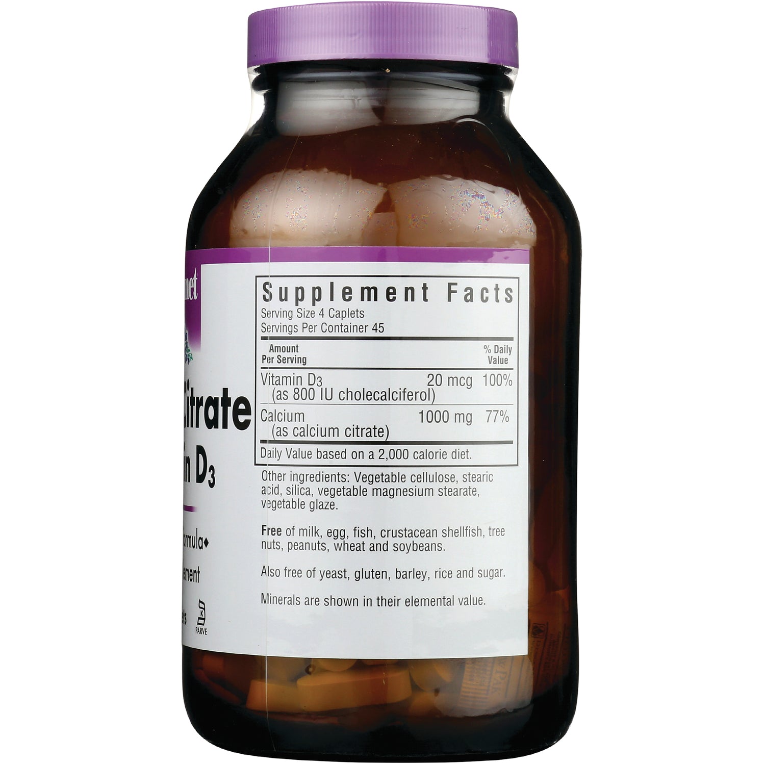 BLU061 | Back of brown supplement bottle showing Supplement Facts panel listing Vitamin D3 20 mcg, Calcium 1000 mg and ingredient and allergen statements