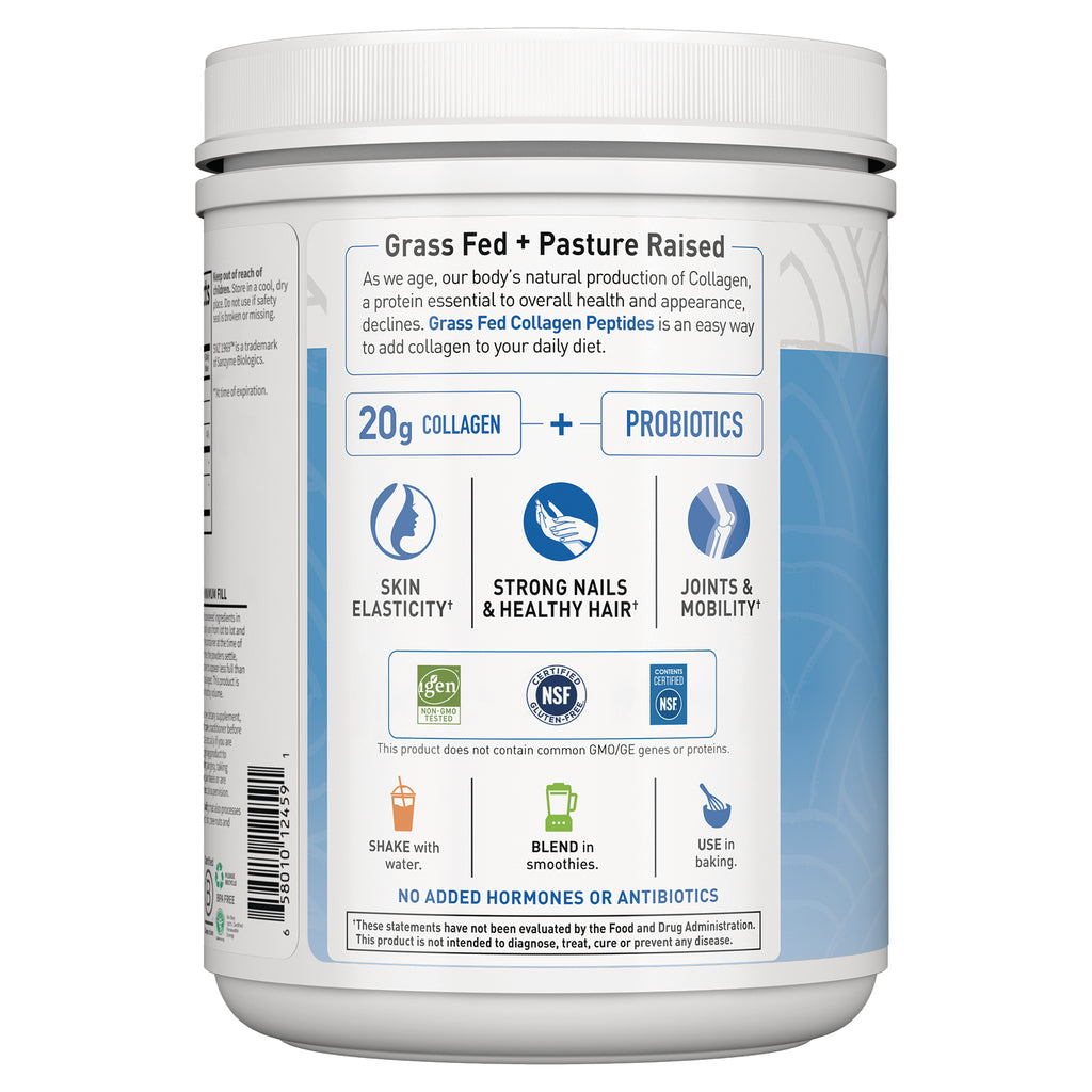 GLF280 | Back label showing Grass Fed + Pasture Raised, 20g collagen + probiotics, benefits icons, usage directions and certification logos - Thumbnail