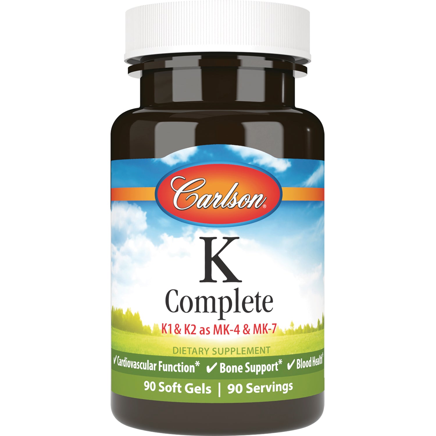 CSN259 | Carlson K Complete dietary supplement bottle, front label showing K Complete and 90 Soft Gels 90 Servings