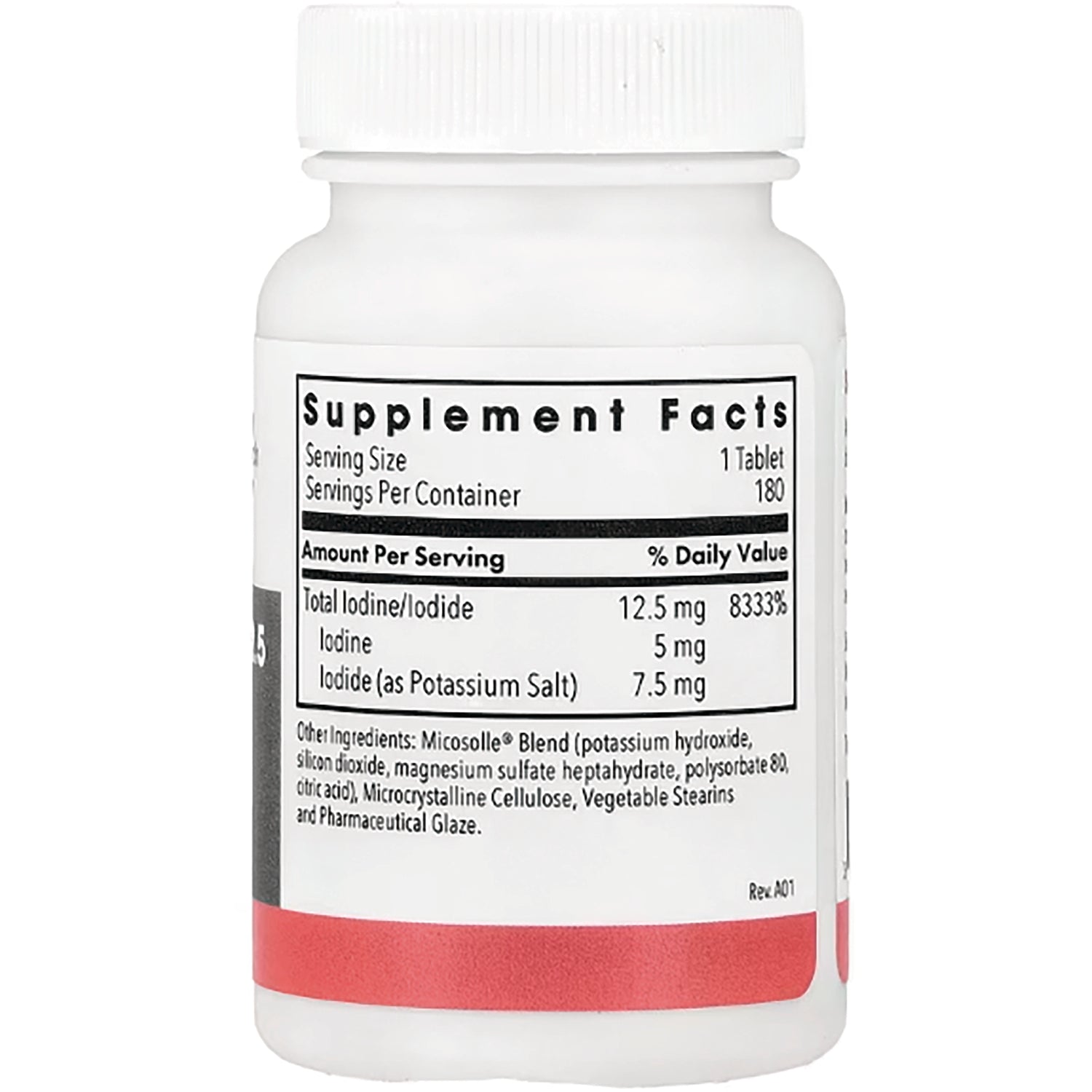 OPC002 | Back label showing Supplement Facts panel with serving size 1 tablet, total iodine 12.5 mg and ingredient list