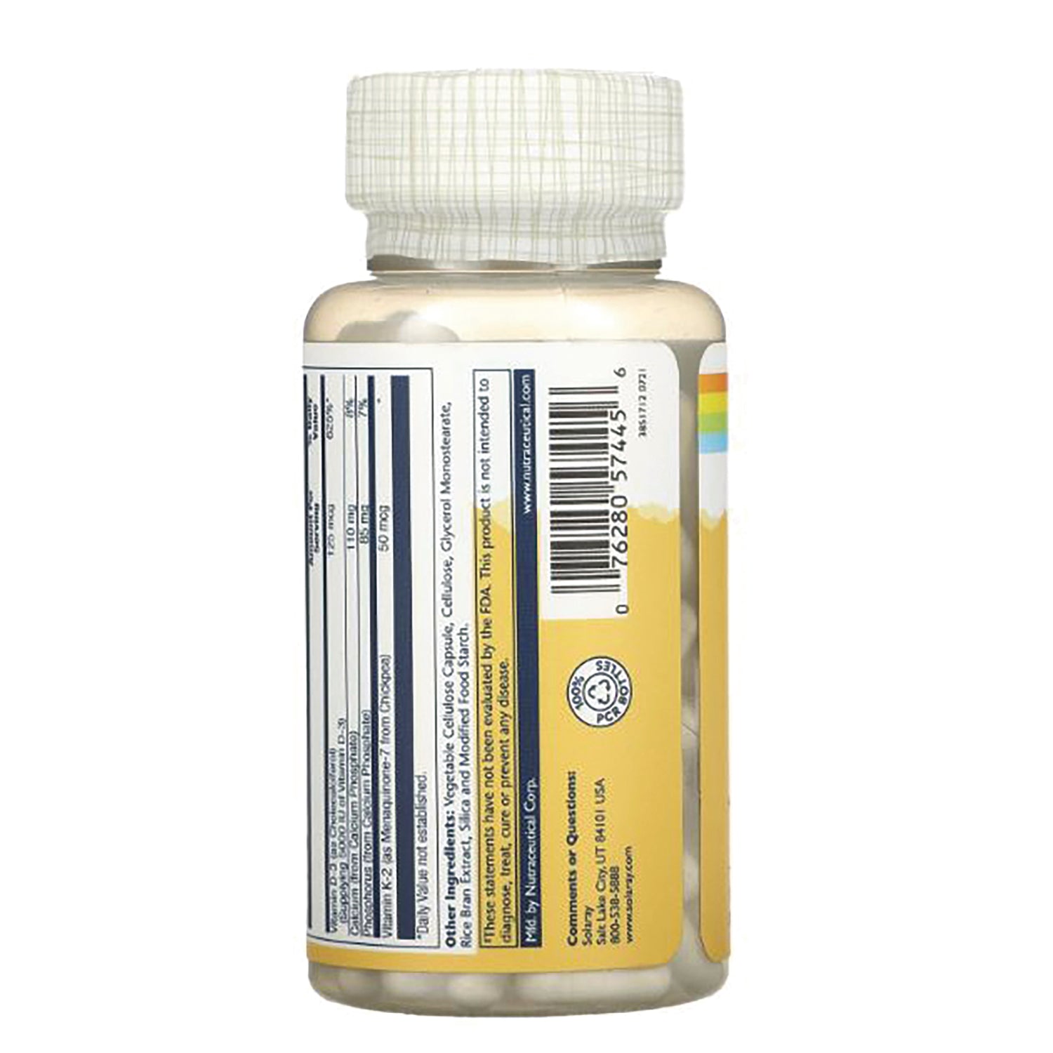 SLR470 | Back label of supplement bottle showing supplement facts panel, barcode, and yellow side label