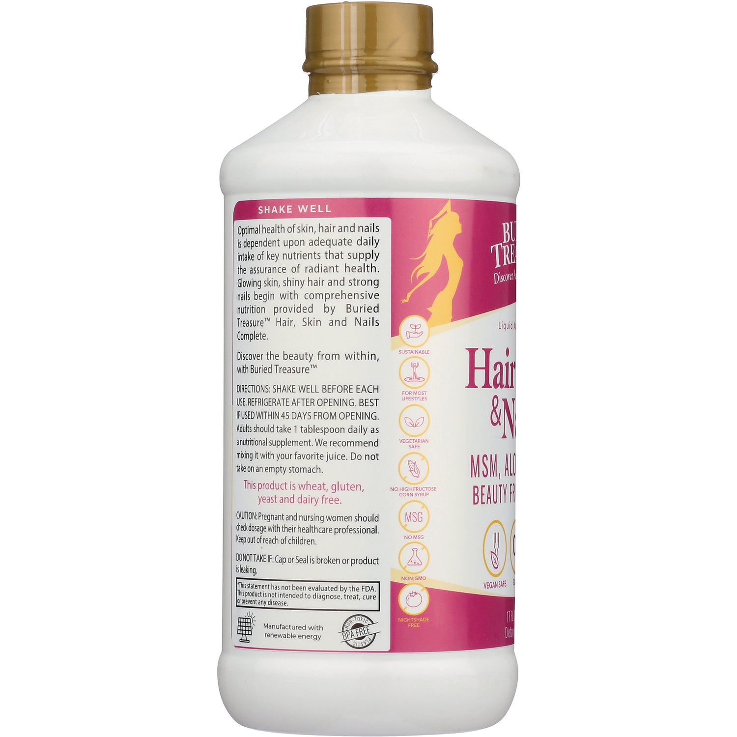 BTR020 | Back label of white bottle with pink panel showing directions, warnings, and product icons for hair, skin and nails