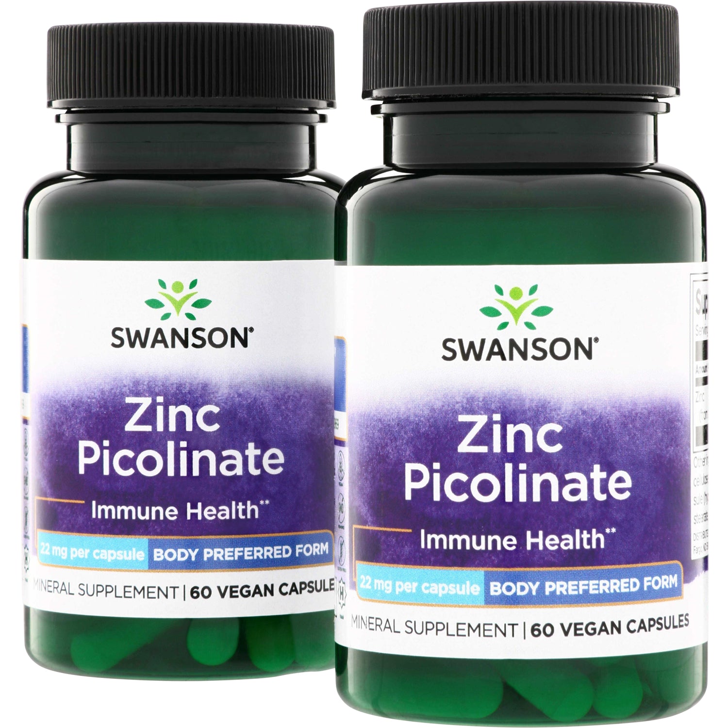 SW1805 | Swanson Zinc Picolinate bottles, Immune Health, 22 mg per capsule, 60 vegan capsules, Body Preferred Form