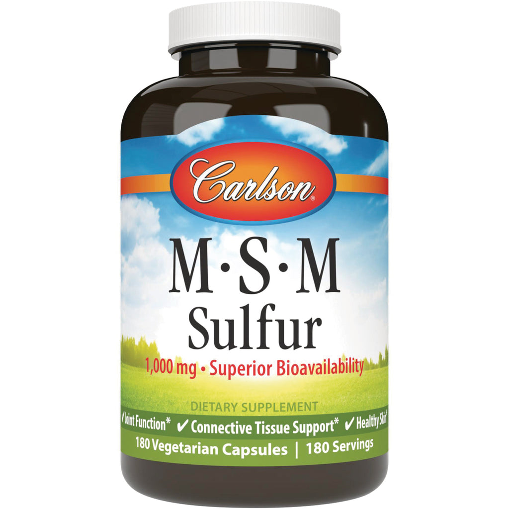 CSN225 | Carlson MSM Sulfur 1,000 mg dietary supplement bottle with label showing 180 vegetarian capsules - Thumbnail