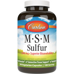 CSN225 | Carlson MSM Sulfur 1,000 mg dietary supplement bottle with label showing 180 vegetarian capsules