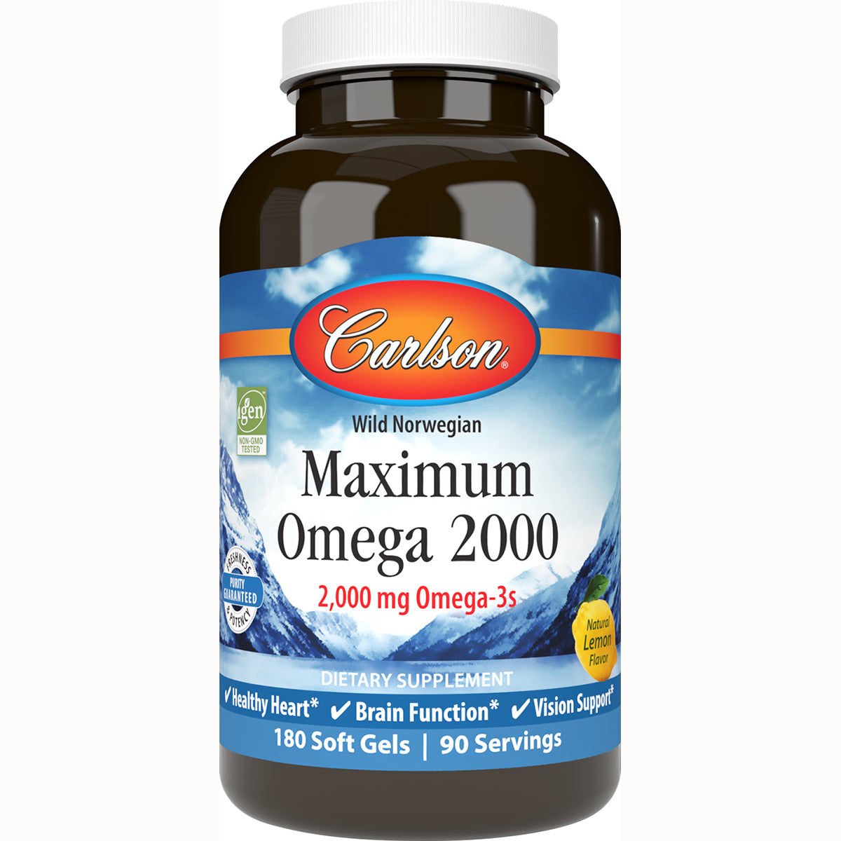CSN301 | Carlson Maximum Omega 2000 dietary supplement bottle, 2,000 mg Omega-3s, 180 soft gels, natural lemon flavor