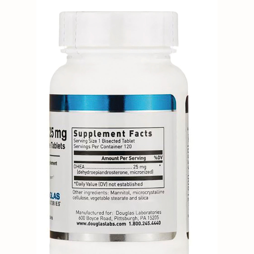 DGL044 | Back label showing Supplement Facts and ingredient list for DHEA 25 mg on white supplement bottle - Thumbnail