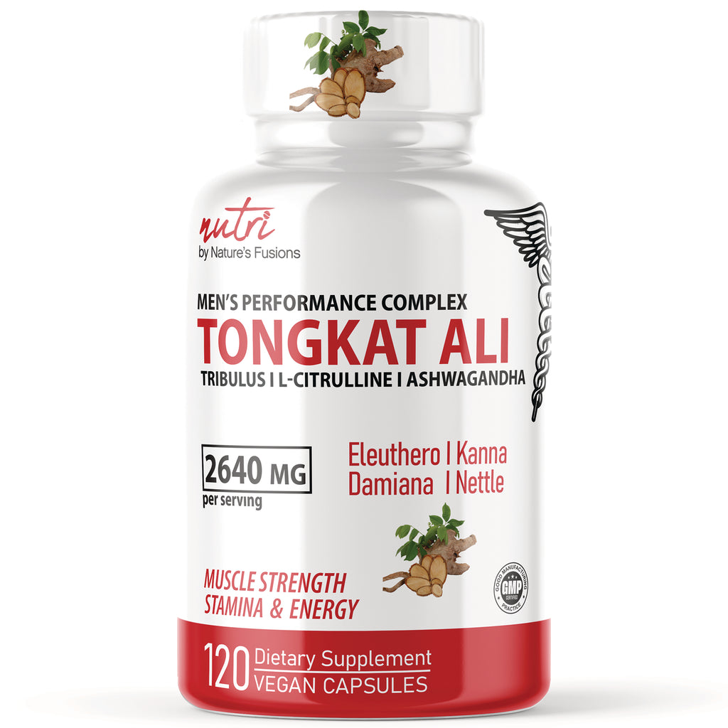 NFU011 | White bottle labeled Tongkat Ali men's performance complex, 2640 MG per serving, 120 vegan capsules - Thumbnail