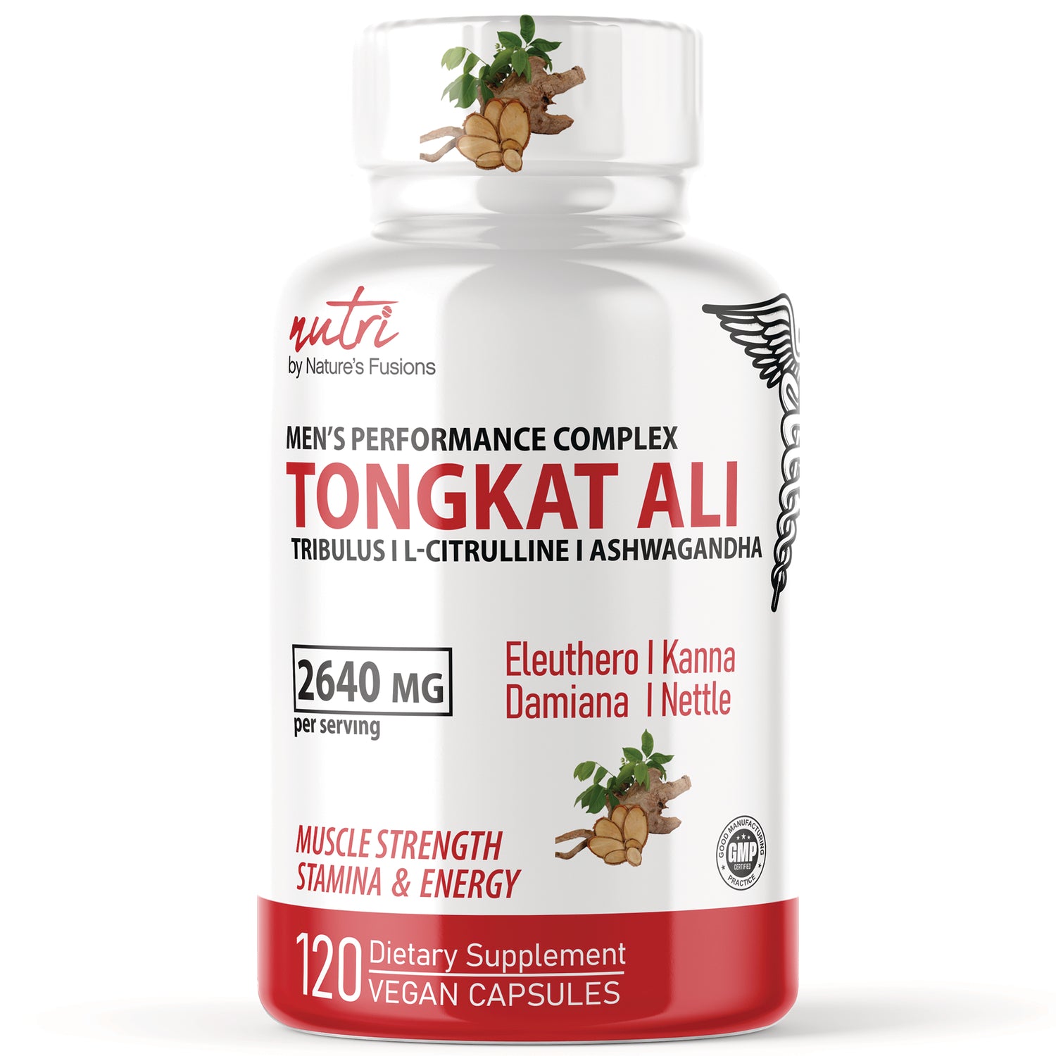 NFU011 | White bottle labeled Tongkat Ali men's performance complex, 2640 MG per serving, 120 vegan capsules