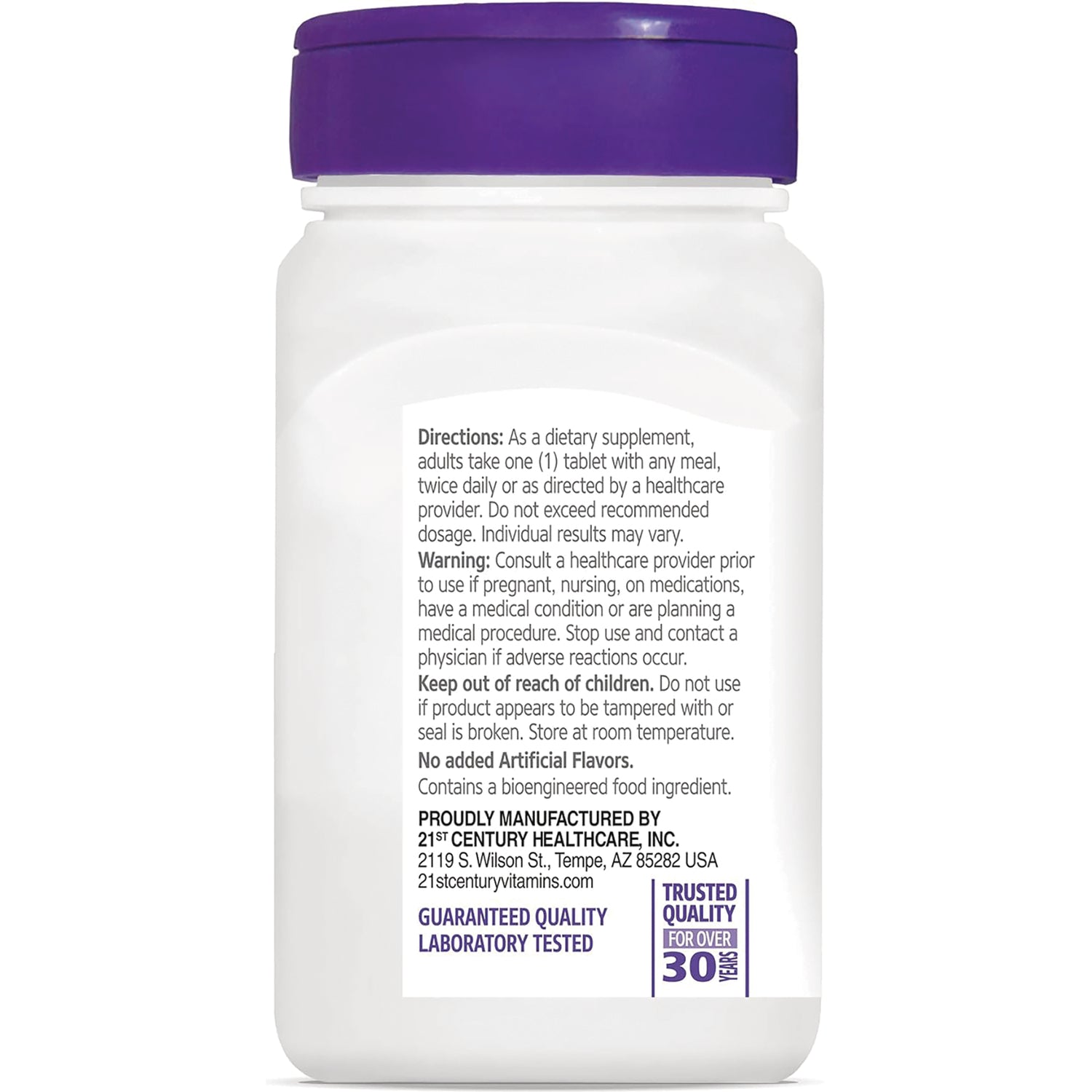 CNT081 | Back label of white supplement bottle showing directions, warnings, manufacturer address and quality seals