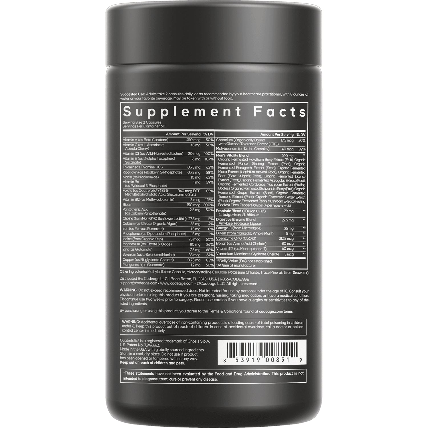 CDG015 | Back label showing Supplement Facts panel, ingredient list, warnings and barcode on black supplement bottle