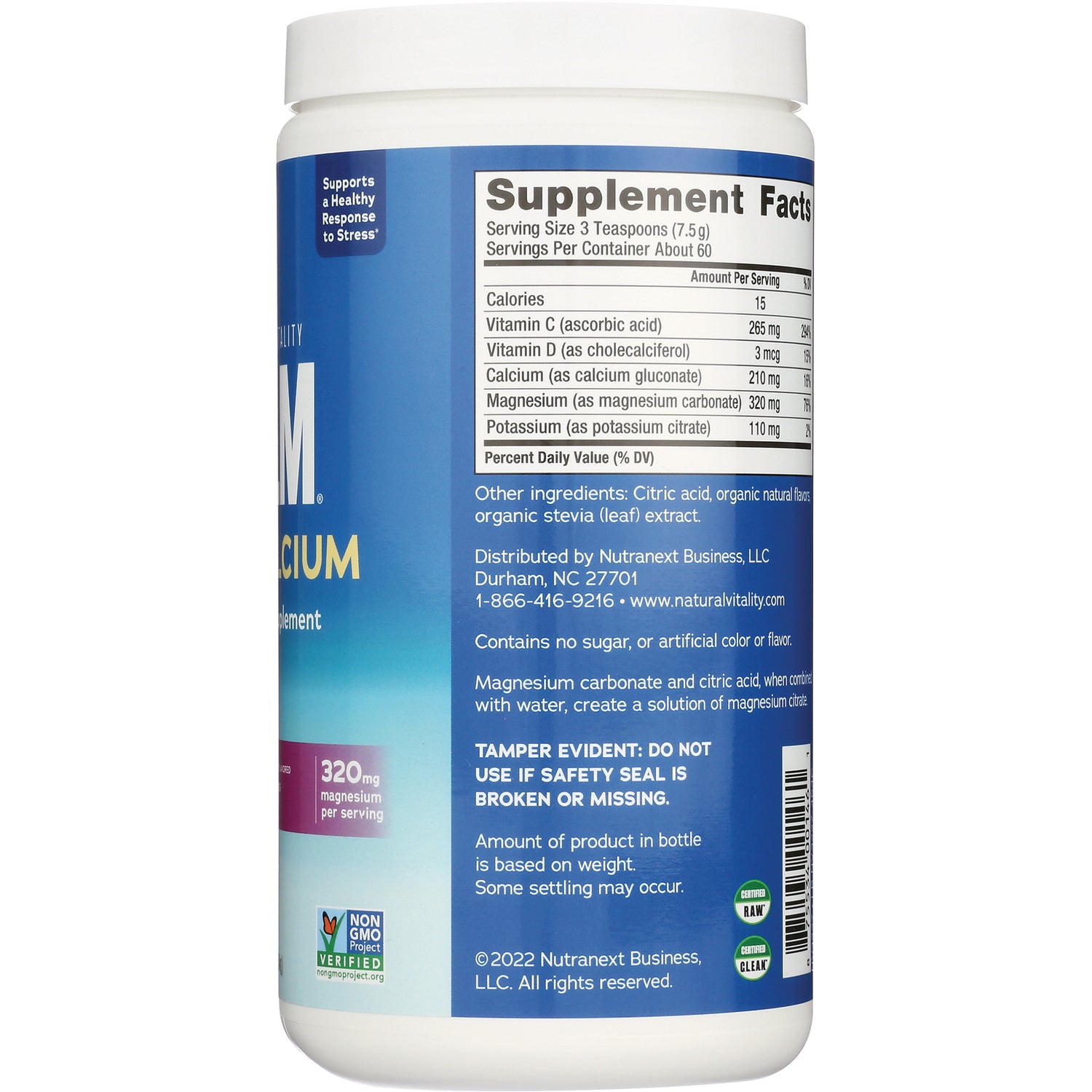 NVT010 | Back of white supplement bottle showing Supplement Facts panel, ingredients, distributor info and barcode