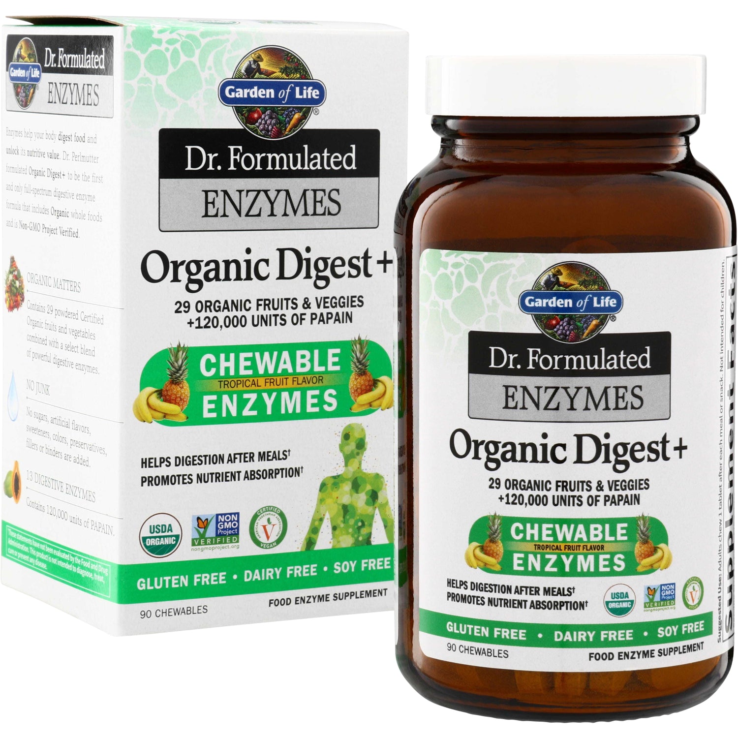 GLF206 | Garden of Life Dr. Formulated Enzymes Organic Digest+ Chewable Enzymes, Tropical Fruit Flavor, 90 chewables