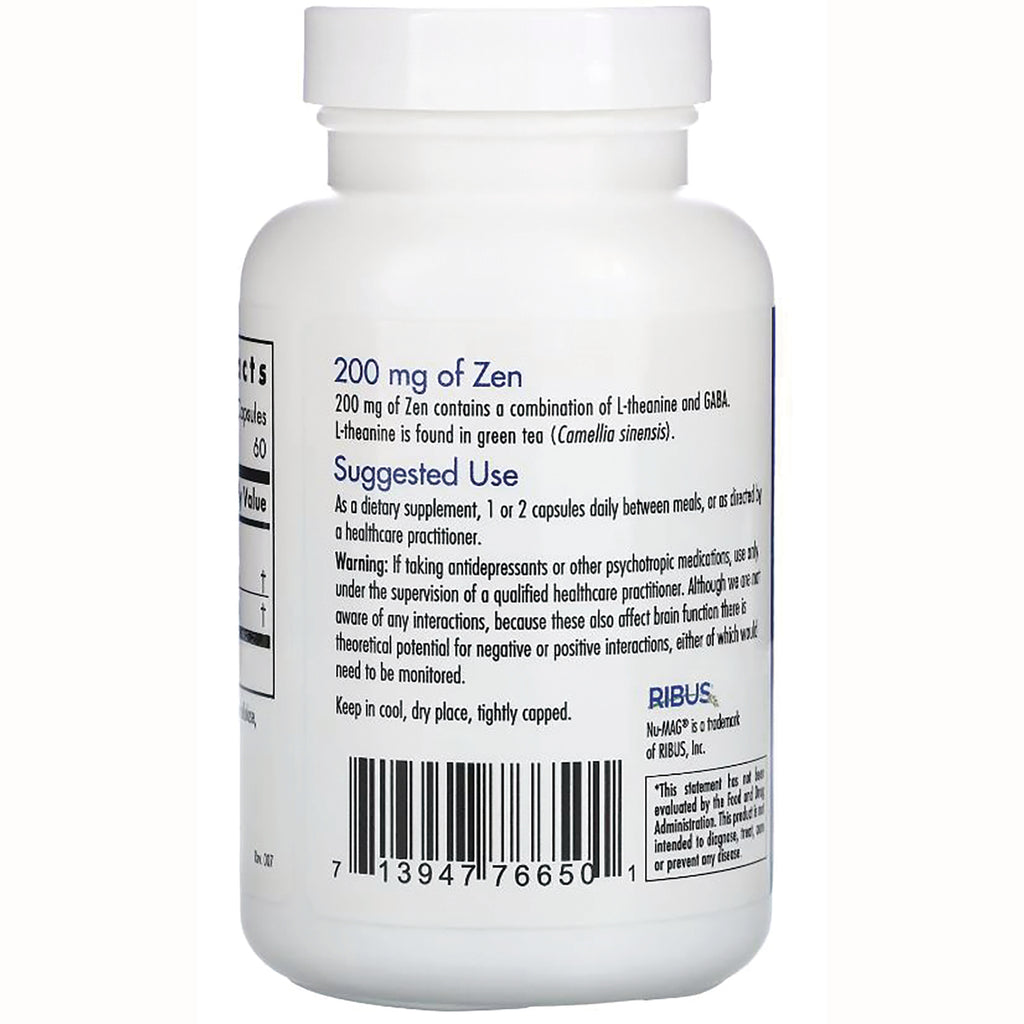 ARG005 | Back of white supplement bottle showing 200 mg of Zen text, suggested use instructions and barcode - Thumbnail