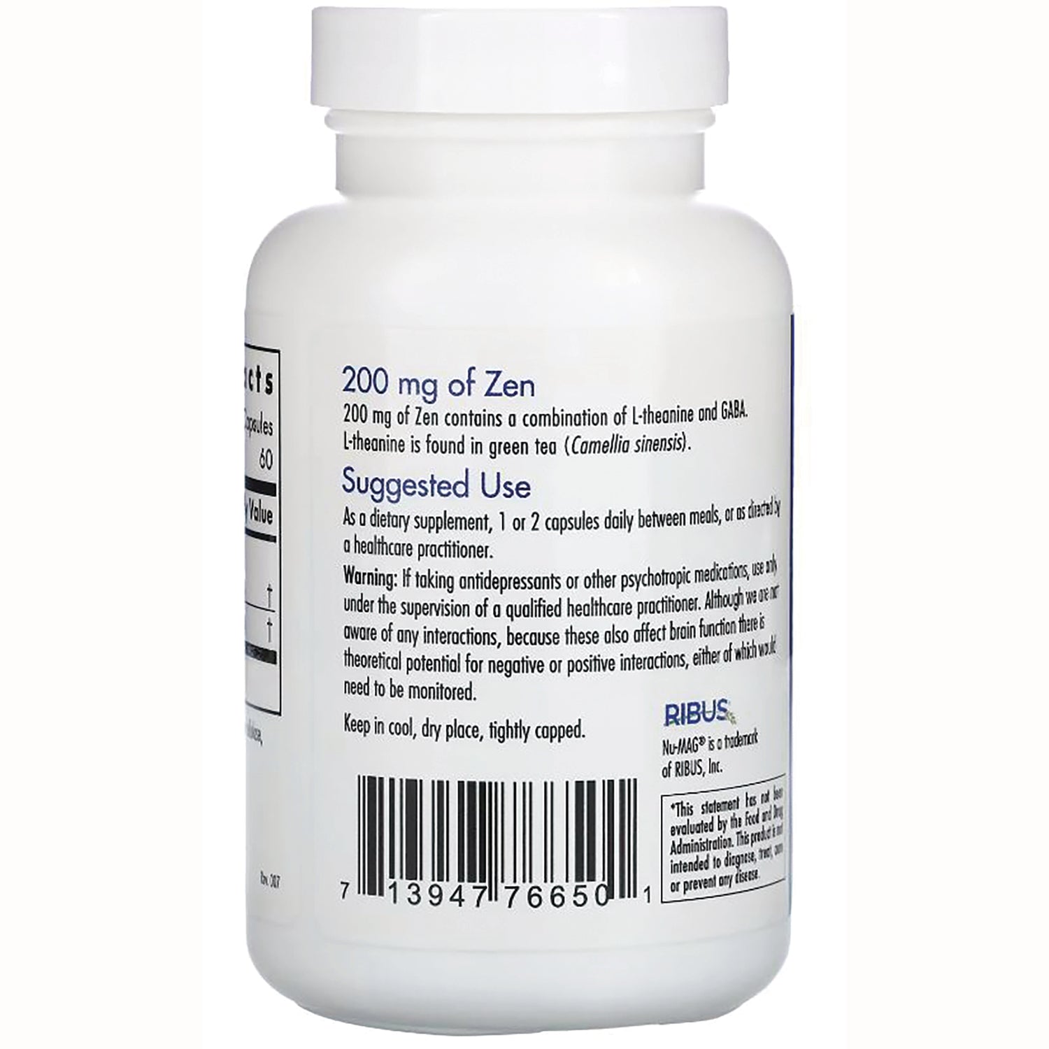ARG005 | Back of white supplement bottle showing 200 mg of Zen text, suggested use instructions and barcode