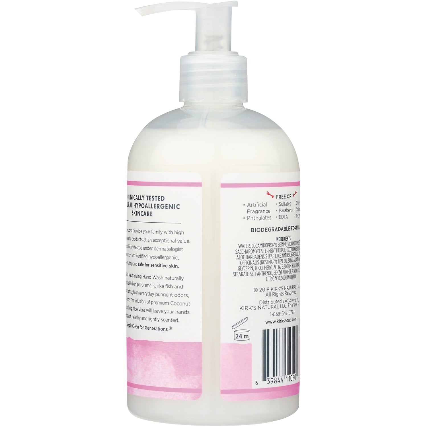 KIR021 | back label of pump bottle showing ingredients text, barcode, and pink branding