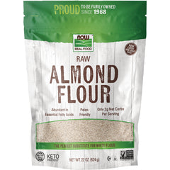 NWF1216 | NOW Real Food raw almond flour pouch front showing 22 oz net weight and keto friendly label