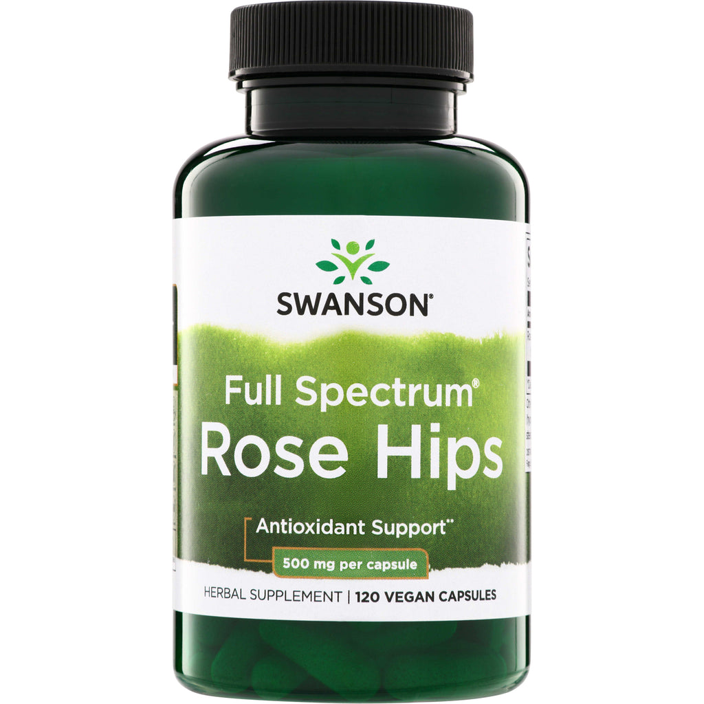 SW1059 | Swanson Full Spectrum Rose Hips supplement bottle, Antioxidant Support, 500 mg per capsule, 120 vegan capsules - Thumbnail