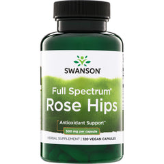 SW1059 | Swanson Full Spectrum Rose Hips supplement bottle, Antioxidant Support, 500 mg per capsule, 120 vegan capsules