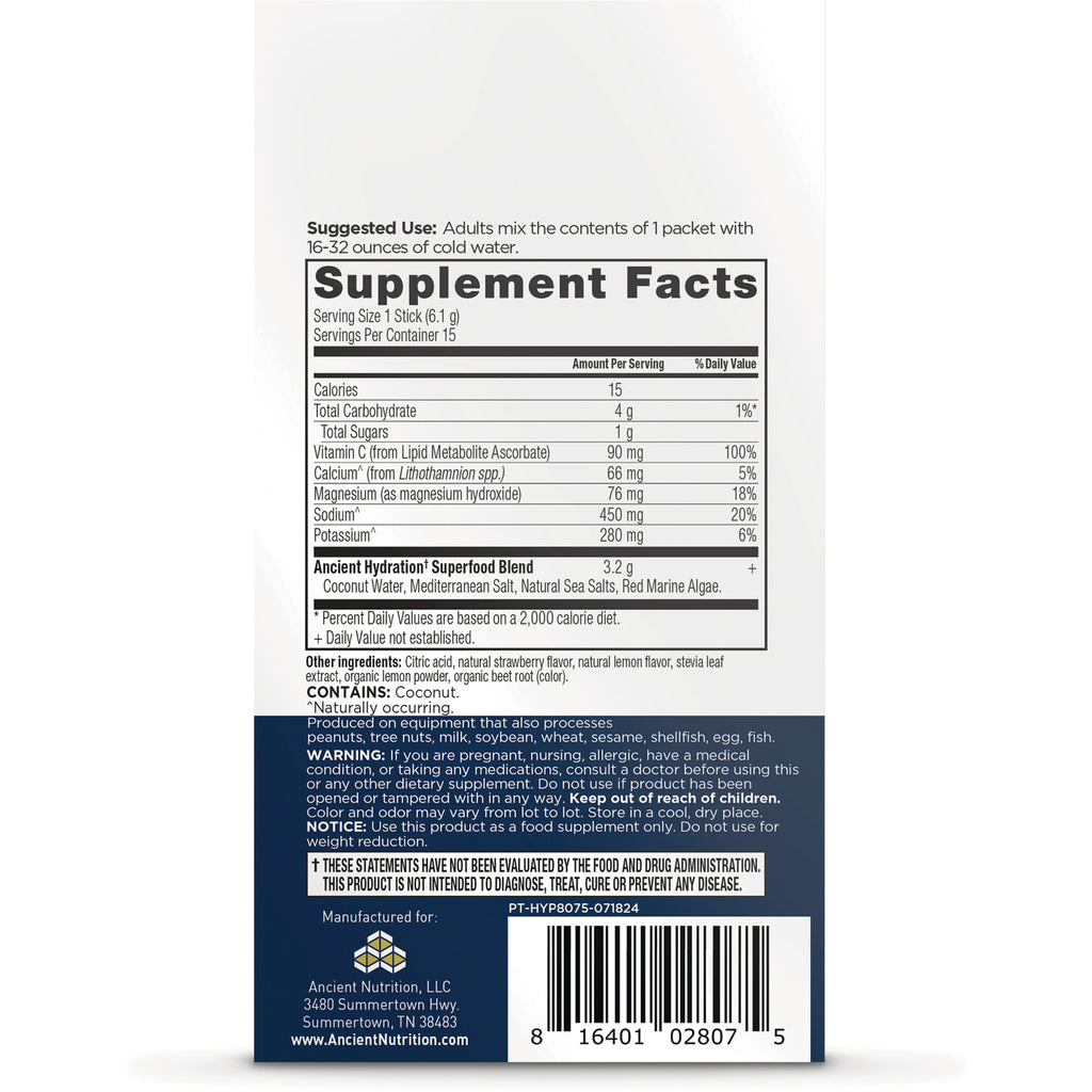 ATN144 | Supplement Facts panel and ingredient list on product back, serving size 1 stick and nutrition amounts - Thumbnail