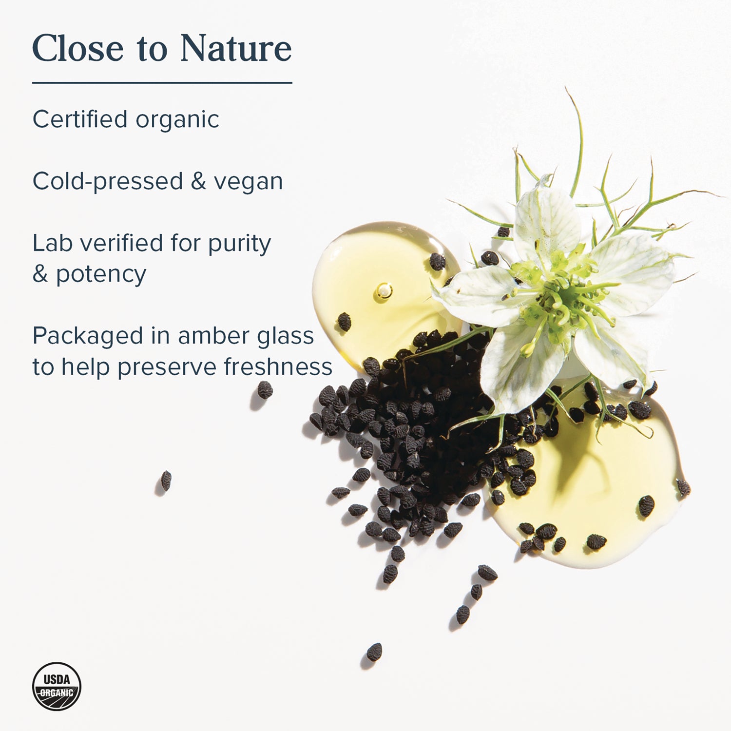 HTG108 | Product infographic with Close to Nature benefits list, black seeds, oil droplets and a white flower