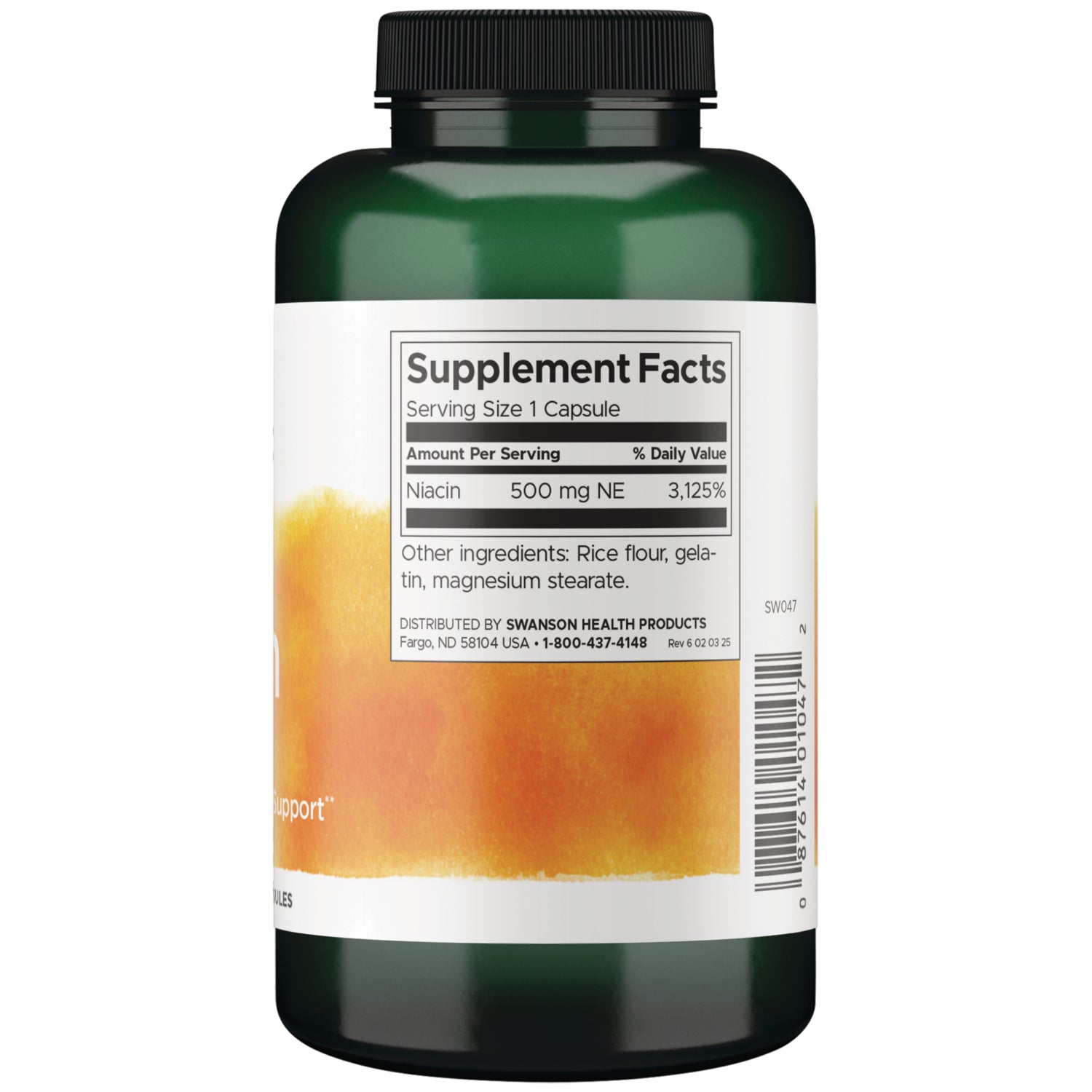SW047 | Back label with Supplement Facts: Serving Size 1 Capsule; Niacin 500 mg NE, 3,125% DV