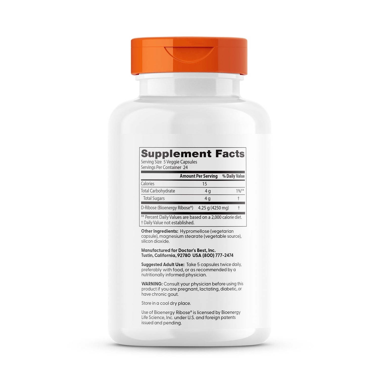 DB206 | Back of white supplement bottle showing Supplement Facts panel and D-Ribose 4250 mg ingredient