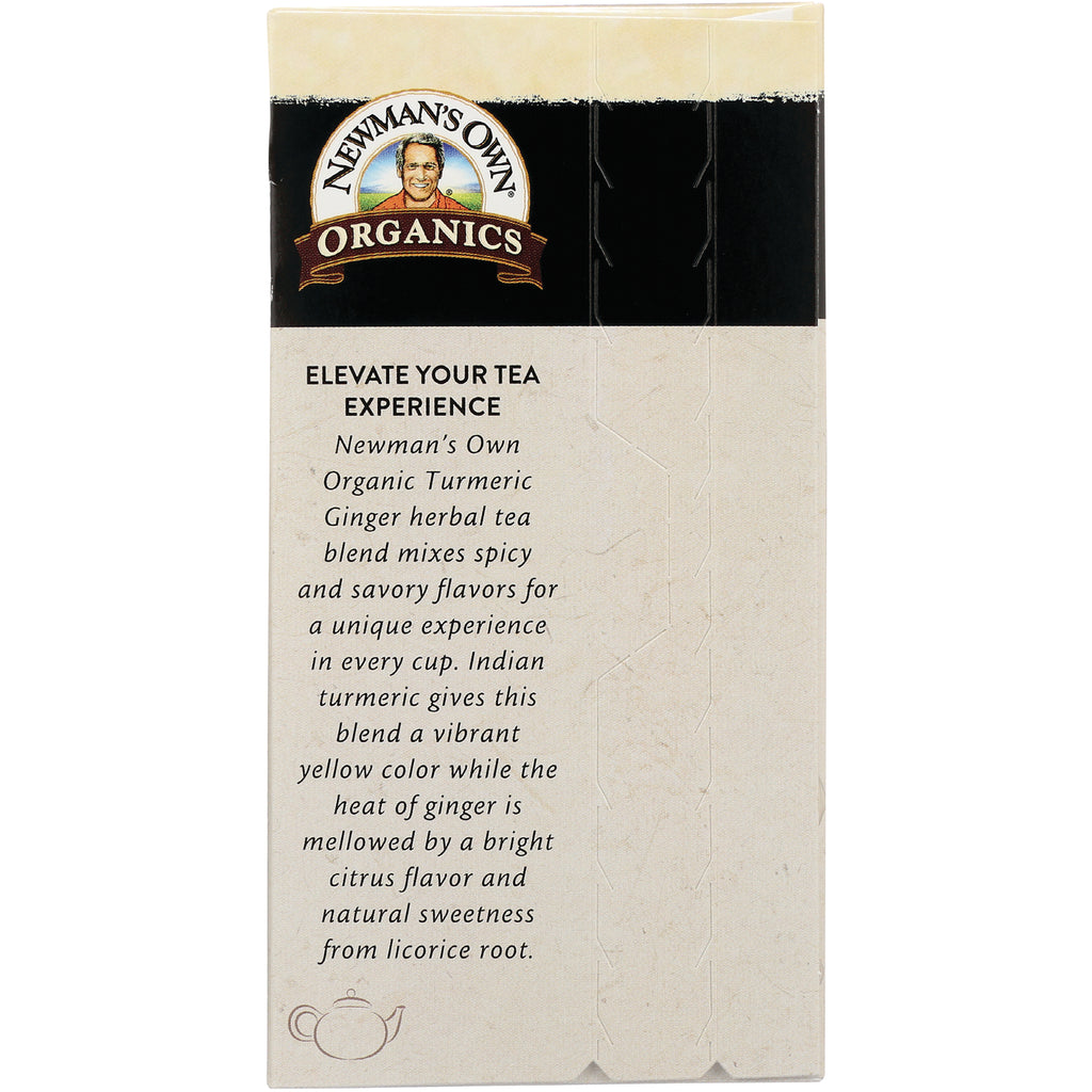 NWM042 | Newman's Own Organics turmeric ginger herbal tea back panel showing product description text headed ELEVATE YOUR TEA EXPERIENCE - Thumbnail