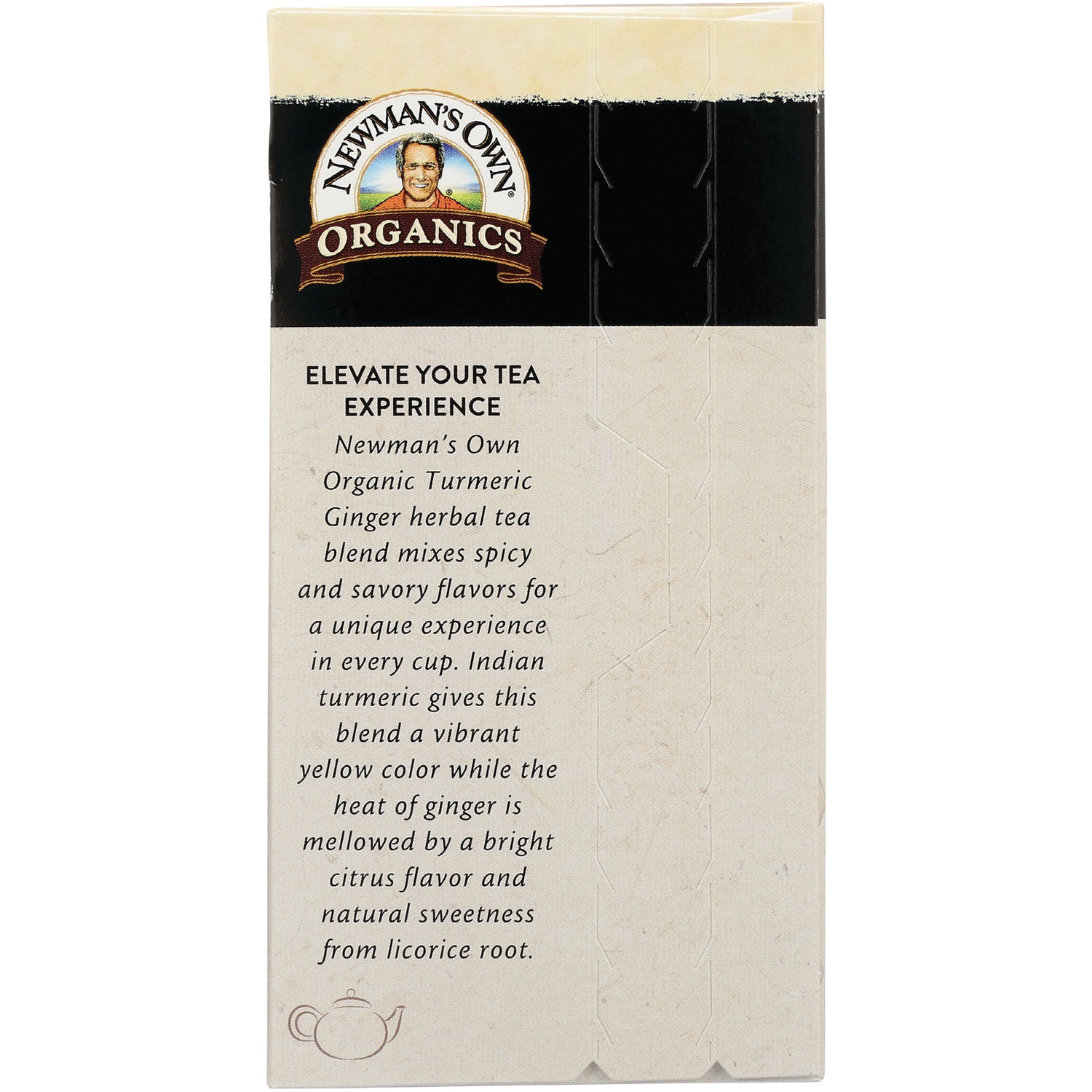 NWM042 | Newman's Own Organics turmeric ginger herbal tea back panel showing product description text headed ELEVATE YOUR TEA EXPERIENCE