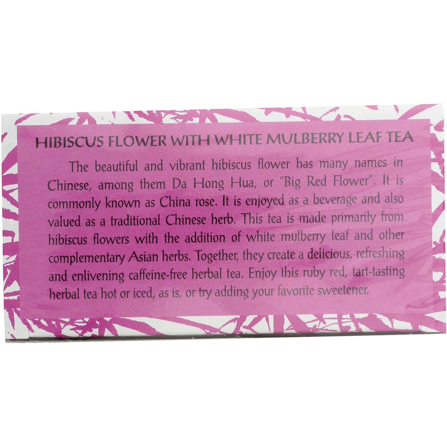 TLT024 | Hibiscus Flower with White Mulberry Leaf Tea panel describing caffeine-free herbal tea with hibiscus and white mulberry leaf