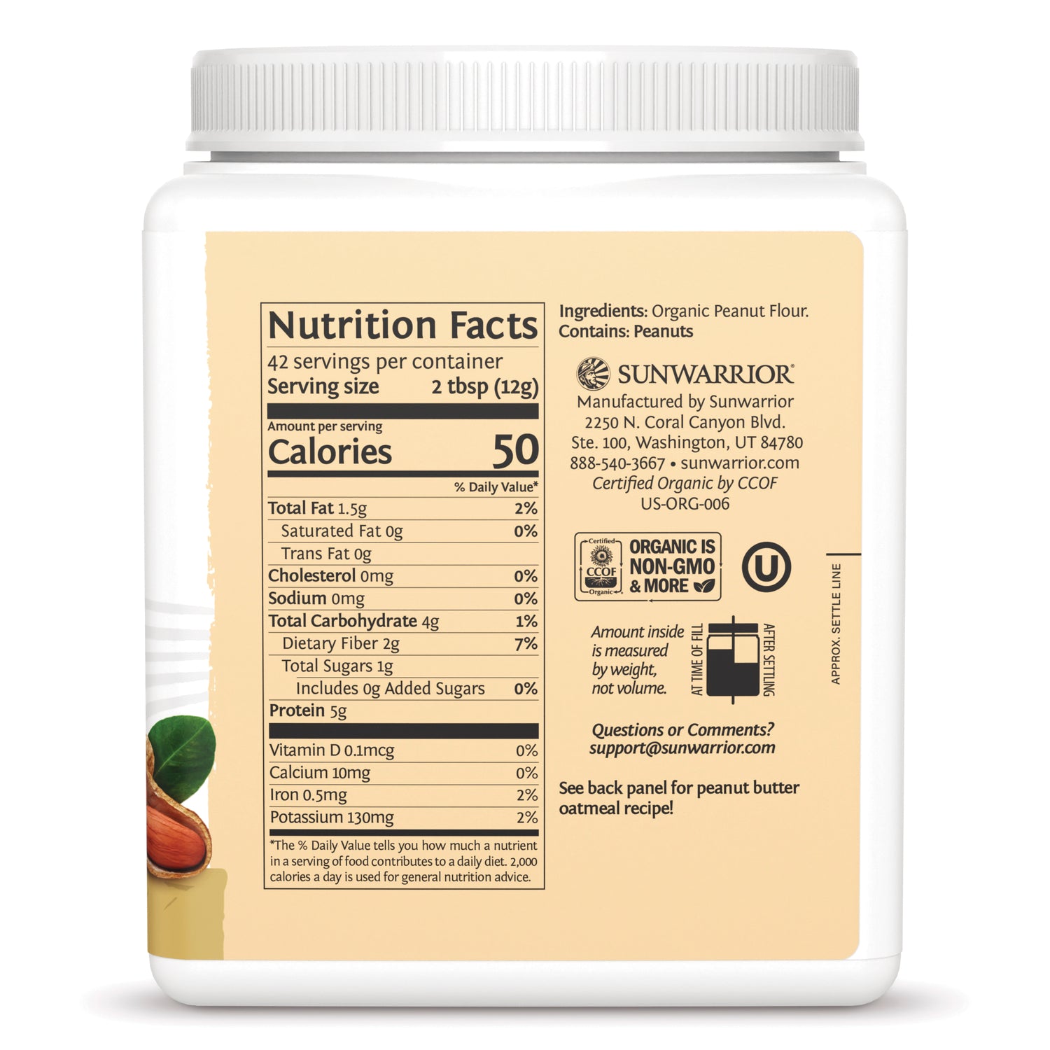 SNW067 | Back label with Nutrition Facts (50 calories per 2 tbsp), ingredients: organic peanut flour, certification icons