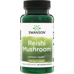 SW1444 | Swanson Reishi Mushroom supplement bottle, Immune Health, 600 mg per capsule, 60 vegan capsules