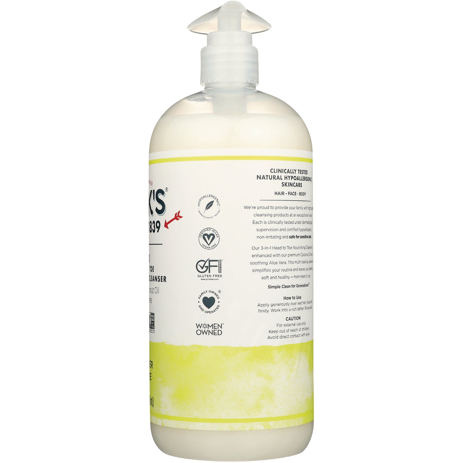 KIR018 | Back label of pump bottle showing usage instructions, certifications, and ingredient information