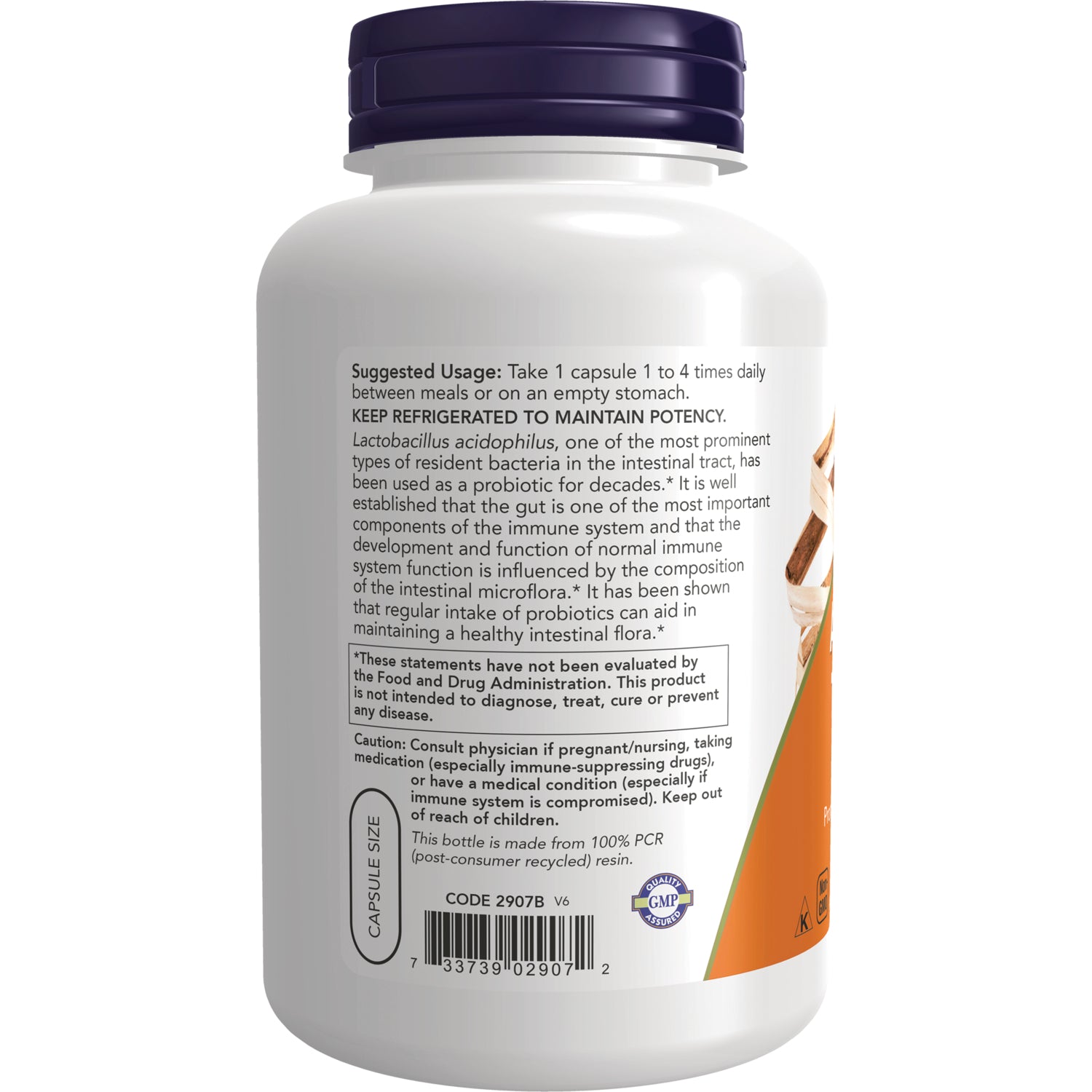 NWF787 | Back label of white supplement bottle showing suggested usage, cautions, barcode and GMP seal