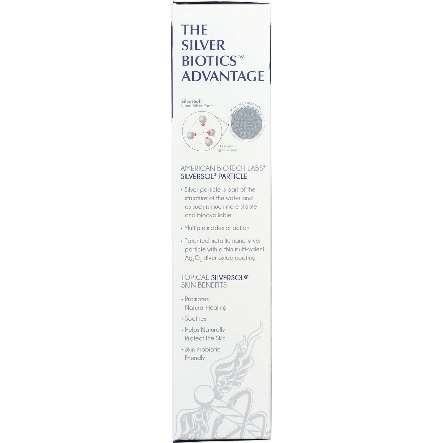 ABL005 | The Silver Biotics Advantage panel with SilverSol particle diagram and Topical SilverSol skin benefits