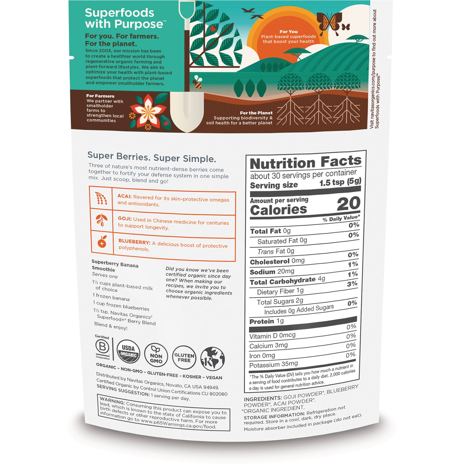 NAV072 | Back of berry blend pouch showing nutrition facts panel, ingredients, usage text and certification icons