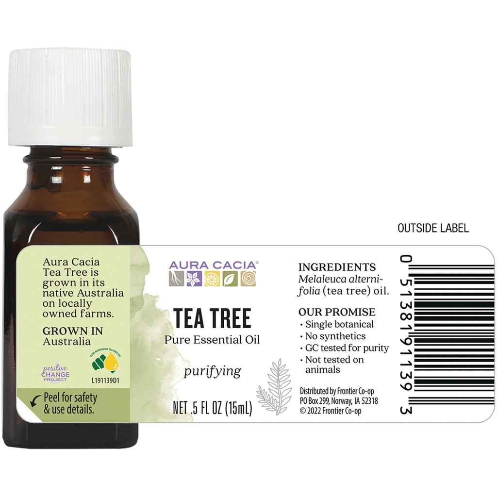 ARC006 | Back label of amber essential oil bottle showing TEA TREE Pure Essential Oil text, ingredients, barcode and NET .5 FL OZ (15 mL) - Thumbnail