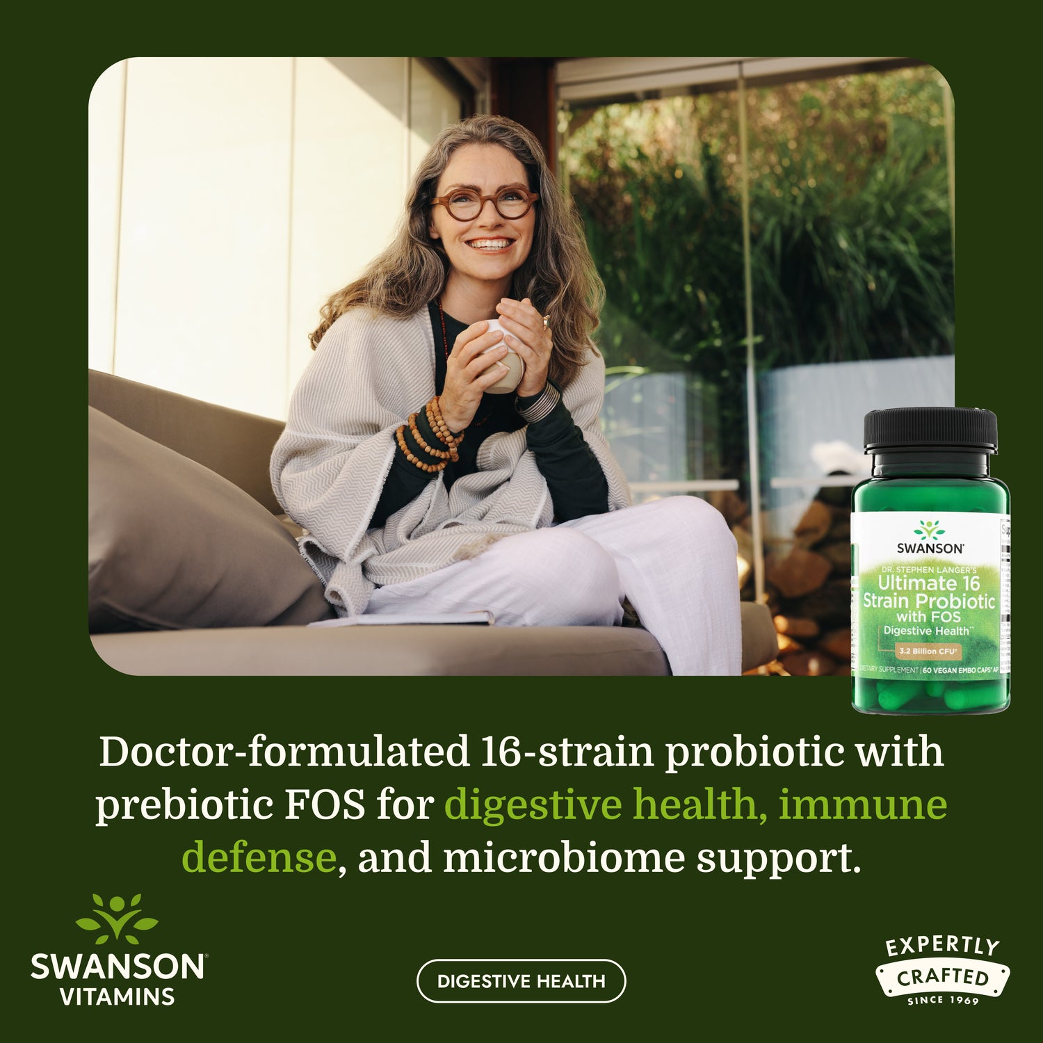 SWA051 | Woman with bottle image  Doctor-formulated 16 strain probiotic complex with prebiotic FOS