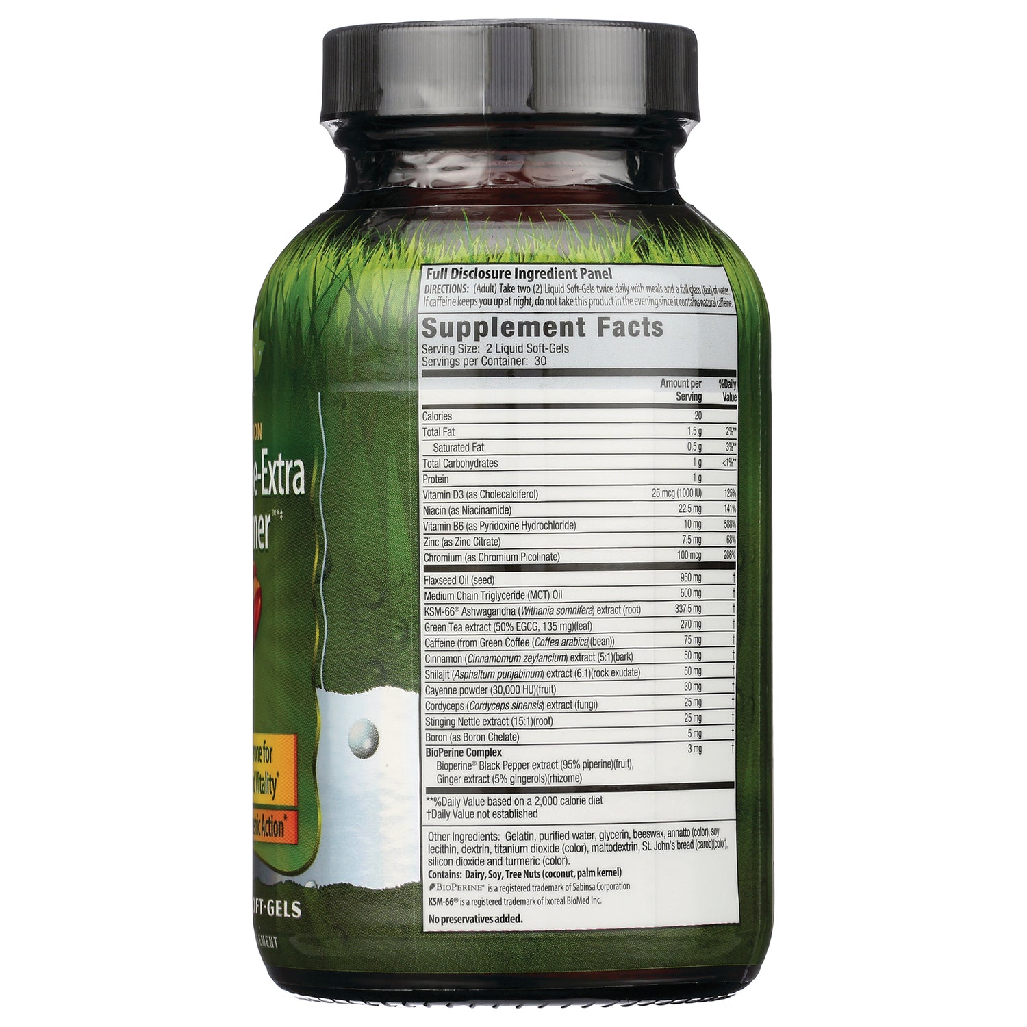 IR158 | back of green supplement bottle showing supplement facts panel and ingredient list