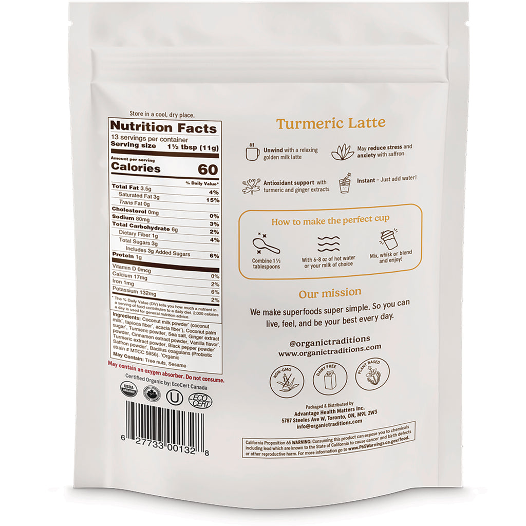 OTR082 | Back of white pouch for Turmeric Latte showing Nutrition Facts, ingredients, preparation instructions and barcode - Thumbnail